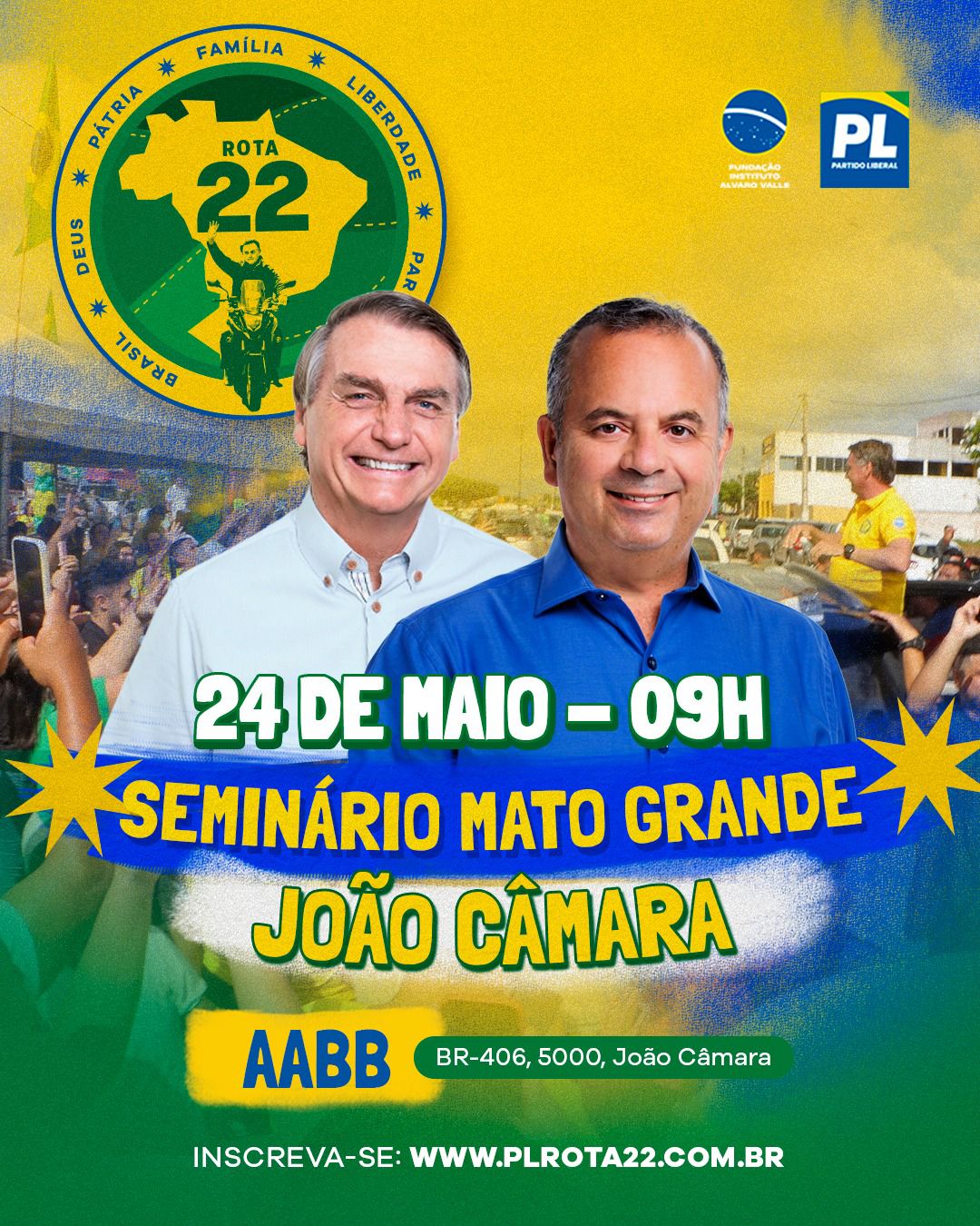 📍 Local: AABB – BR-406, 5000, João Câmara 🗓 Data: 24 de maio (sábado) 🕘 Horário: A partir das 9h 🔗 Inscrições: www.plrota22.com.br